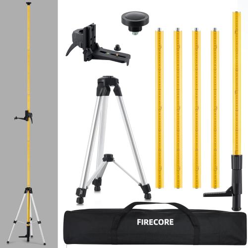 Firecore 12 Ft./3.7M Professional Laser Level Pole with Tripod and 1/4-Inch by 20-Inch Laser Mount for Rotary and Line Lasers, Adjustable Telescoping Laser Pole with 5/8-11 Threaded Adapter-FLP370C