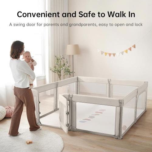 Baby Playpen with Door, Foldable Adjustable Play Pen for Babies and Toddlers,Heavy-Duty Play Yard Fence Play Area, Large Toddler Playpen,Khaki