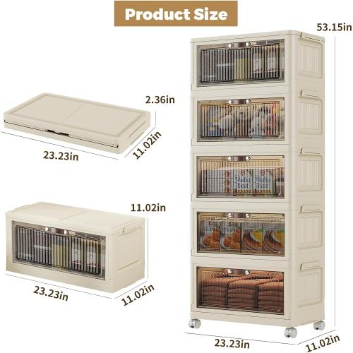 WHITE 5 Tier - 48QT Storage Bins with Lids, Collapsible Storage Bins with Doors and Wheels, Plastic Storage Cabinet for Easy Storage and Organization for Living Room, Office