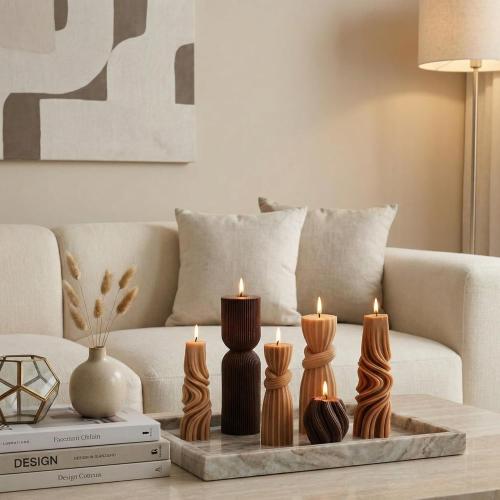 6 Pcs Pillar Candles Decorative Modern Aesthetic Ribbed Candle Set Cute Soy Wax Scented Ribbed Decor Valentine's Commemorative Gift for Home Decoration(Brown,2.36-6.89 Inch)