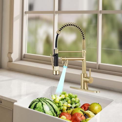 KZH Kitchen Faucet with Pull Down Sprayer Commercial Single Handle Stainless Steel Two Spout Kitchen Sink Faucet with LED Light, Deck Plate, Brushed Gold
