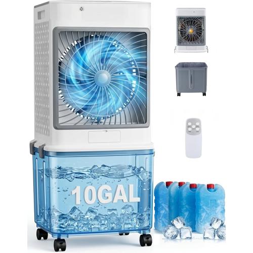 Swamp Cooler Cooling Fan, 10-Gal Portable Air Conditioners Windowless | Evaporative Air Coolers with Detachable Tank, 3 Speeds, Timer, Remote, and Rolling Casters for Patios, Garages, Apartments