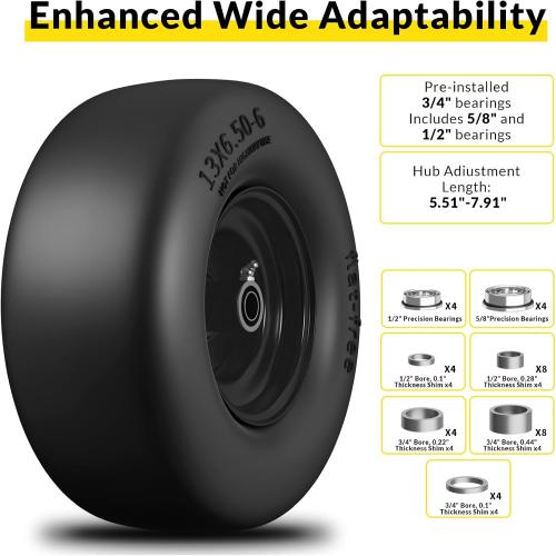 13x6.50-6 Lawn Mower Flat Free Tires and Wheels, 13x6.5-6 Heavy Duty Solid Front Tire for Zero Turn Mowers, 500Lbs Load, Universal 3/4, 5/8 and 1/2 Bearings, 5.51-7.91 Hub, 2Pack Black