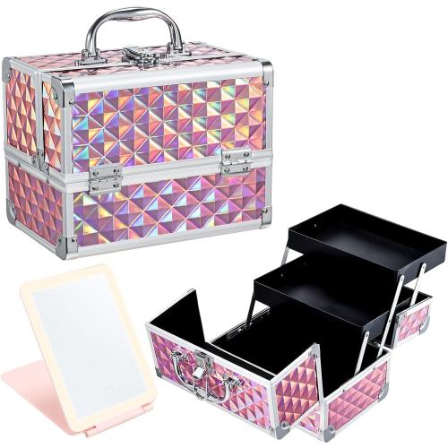 Makeup Case with Lighted Mirror Travel Makeup Organizer Box 2 Trays Lockable Cosmetic Train Case with Movable LED Mirror for Girls Make Up Nail Kits Sewing Vanity Storage Case Shiny Pink