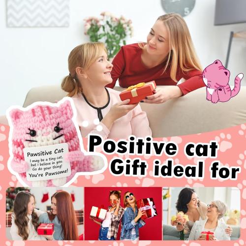 Positive Crochet Cat Mini Animal Emotional Cheer Up Support Gifts, Inspirational Crochet Handmade Kitten for Women Men Friends Mom Daughter Son Teen Birthday Mothers Day Decor Graduation Gift (Pink)