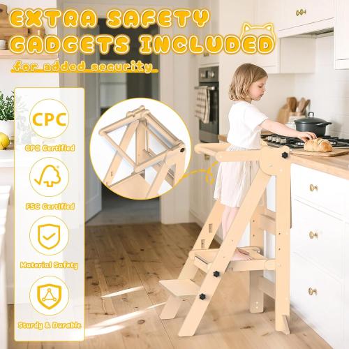 Foldable Toddler Tower, Wooden Toddler Kitchen Stool with 3 Adjustable Heights and Removable White/Blackboard, Montessori Foldable Learning Tower Kitchen Stool, Natural Wood