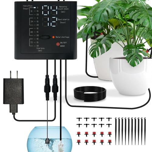 Automatic Watering System for Indoor Plants, DIY Drip Irrigation Kit with Timer for Potted Plants,Self Watering Device for Garden, Greenhouse & Vacation Plant Care (10 pots, Adjustable dripper)