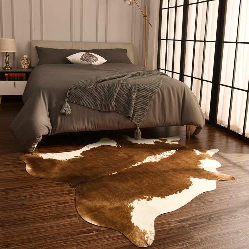 BENRON Premium Faux Cowhide Rug, Cow Print, Rustic Western Rugs for Living Room Bedroom, Irregular Animal Skin Hides, 4.6 x 5.2ft, Anti-Skid Cool Carpets for Cowboy Cowgirl Home Decor, Khaki Brown