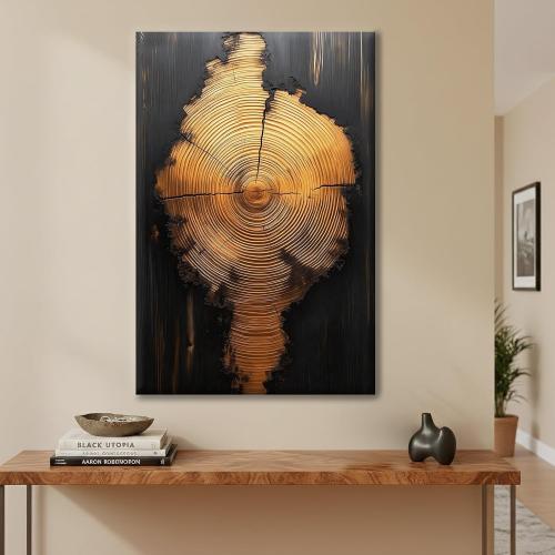 IBHJSART Framed Tree Ring Canvas Wall Art Black And Gold Wall Art Prints Modern Minimalist Pictures Neutral Nature Rustic Farmhouse Decor Living Room Bedroom Bathroom Office.