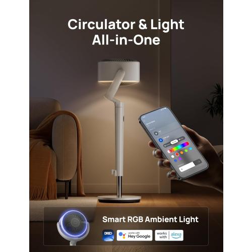DREO Smart Fan for Bedroom, 120°  120° Omni-Directional Oscillating Fans, 100ft Quiet Pedestal Fan with RGB Light, 9 Speeds, 6 Modes, 20dB, 8H Timer, Wi-Fi/Voice/Alexa, 35-40 Floor Fans with Remote