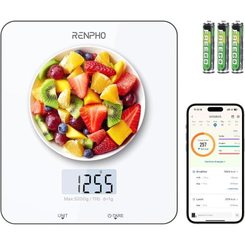 RENPHO Food Scale with Nutritional Calculator, Digital Kitchen Scale for Weight Loss, Smart Food Weight Scale with App for Macro Keto Calorie Cooking, Grams and Ounces, White, 11lb/5kg