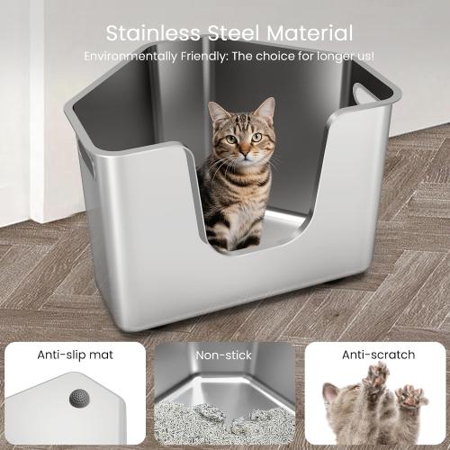Stainless Steel Corner Cat Litter Box, Metal Litter Box with High Sided, One-piece Corner Cat Toilet, No Assembly Required, Non-Stick, No Odor Kitten Litter Pan, Easy to Clean, for Small Medium Cats