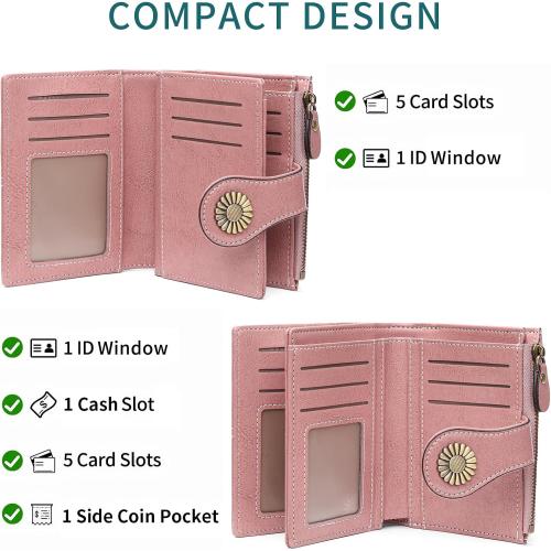 SENDEFN Small Womens Wallet Leather Bifold Card Holder RFID Blocking with Zipper Coin Pocket