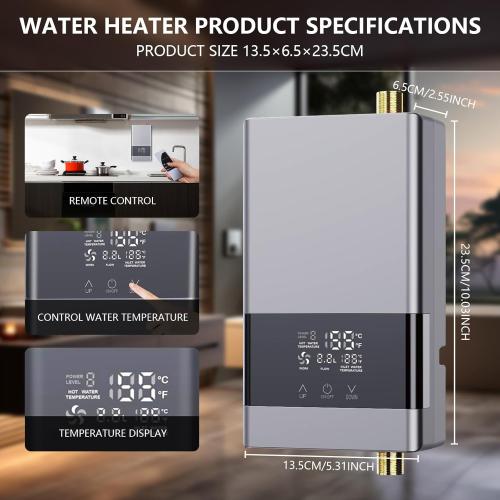 Tankless Water Heater Electric,110v 3000w Instant Hot Water Heater with Remote Control, Water Temperature Regulating and Adjustable Temperature LCD Touch Screen for Kitchen and Bathroom,Silver