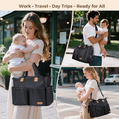 Lekebaby Diaper Bag Tote, Large Diaper Bags Waterproof,Large Mommy Bag Tote Bag Handbag Pink Travel, Black and Beige