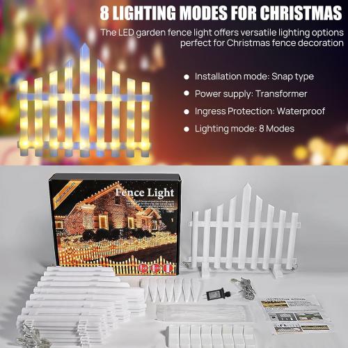MGupzao Christmas Tree Fence Light - Christmas Decorations Lights 8 Pack Picket Fence for Indoor Outdoor Christmas Decor, Plug-in 8 Modes Decorative Light for for Landscape Patio Yard Path Xmas Decor