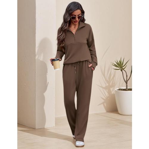 Large - Totatuit Womens Sweatsuits 2 piece Set Lapel Half Zip Lightweight Sweatshirts and Wide Leg Pants Tracksuit Lounge Sets