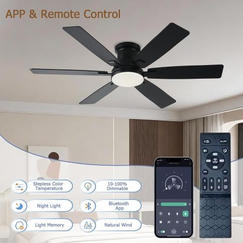 52 inch Black Ceiling Fans with Lights and Remote - Flush Mount Low Profile Ceiling Fan with Light, Reversible, 3CCT, Dimmable, Modern Indoor Ceiling Fan for Bedroom Living Room, Covered Patios