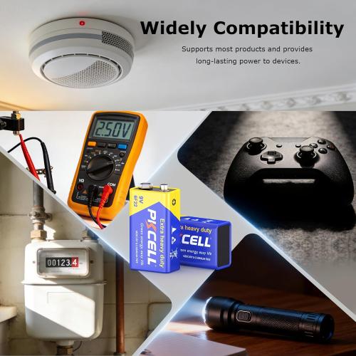 PKCELL 9V Batteries, 10 Pack 9 Volt Batteries Carbon Zinc, 9V Battery for Smoke Detector, Alarms, 6F22 Square Battery