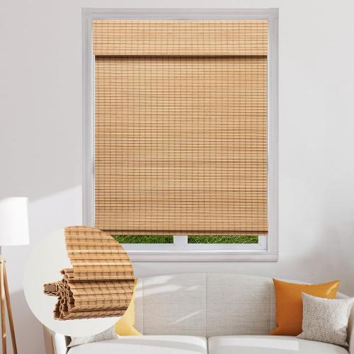 SEEYE Cordless Bamboo Roman Shades, Blackout Natural Bamboo Blinds for Indoor Windows, Roll Up Blind Privacy Shade for Home, Office, Door, UV Resistant & Easy to Install, 27 W x 64 H, Carbonized