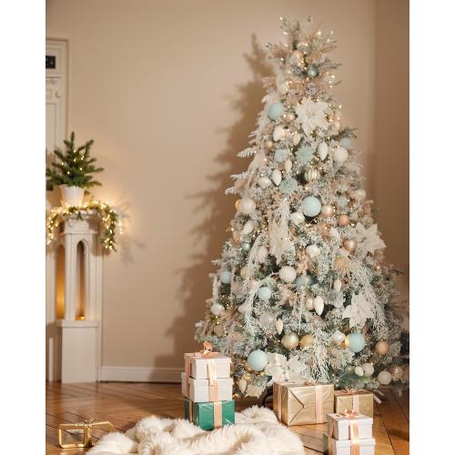 6FT Pre-lit Snow Flocked Christmas Tree Spruce with Remote Control, 350 Warm White Multi-Color Lights, Artificial Hinged/Feel Real/Realistic for Home, Holiday Decoration Dual Color LED