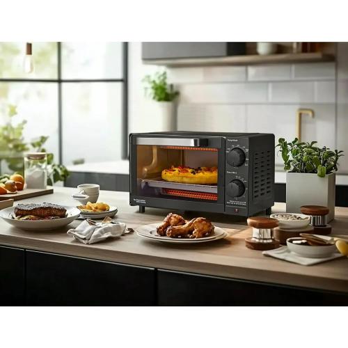 Mainstay Toaster Oven Combo Kitchen Appliances, Fits 9” Pizza, 4 Slice Capacity, Powerful Circulation, Auto Shutoff, Includes Baking Rack Pan Quartz, up to 60 Min, Easy Clean (Black) NEEDS CLEANING