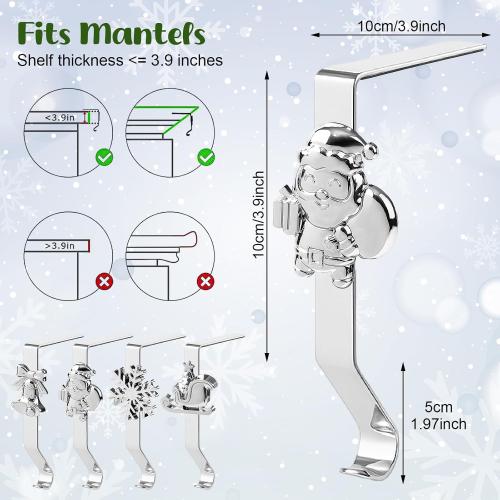 Christmas Stocking Holders, 4 Pack Xmas Stocking Holders Hangers for Mantel Fireplace Metal Stocking Hooks Stand for Christmas Party Decoration, Silver