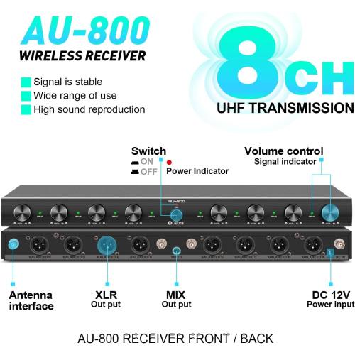D Debra Audio AU800 Pro UHF 8 Channel Wireless Microphone System with Cordless Handheld Lavalier Headset Mics, Metal Receiver, Ideal for Karaoke Church Party (8 Bodypack)