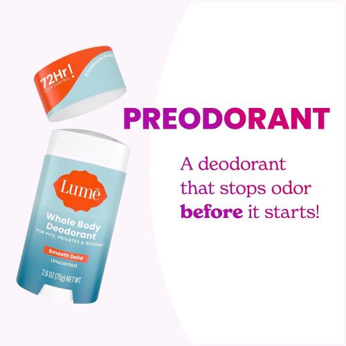 Lume Whole Body Deodorant - Smooth Solid Stick - 72 Hour Odor Control - Aluminum Free, Baking Soda Free and Skin Safe - 2.6 Ounce (Unscented)