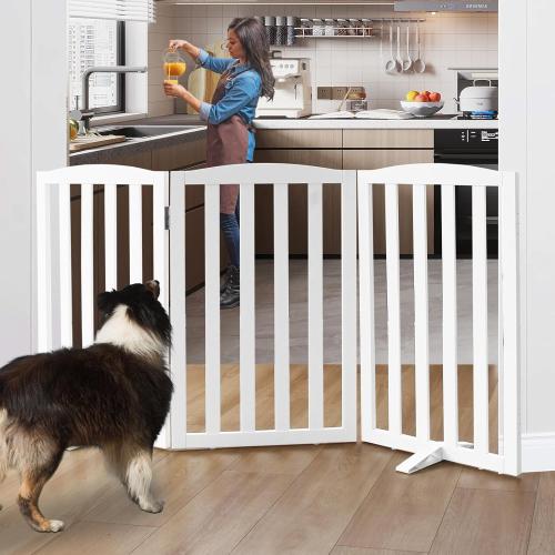 Freestanding Dog Gate Indoor,Doggie Gate Foldable Dog Gates for Doorways,Stairs or Hallways, Wooden White Pet Gate for The House, Pet Fence with Support Feet Included,32 Height-3 Panels