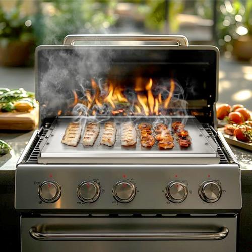 LotFun 25 x 16 Stainless Steel Cooking Griddle for Outdoor Gas Grill, Universal Griddle Flat Top Plate Insert with Grease Groove and Removable Handles for Electric/Charcoal/Gas Grill, Camping,Party