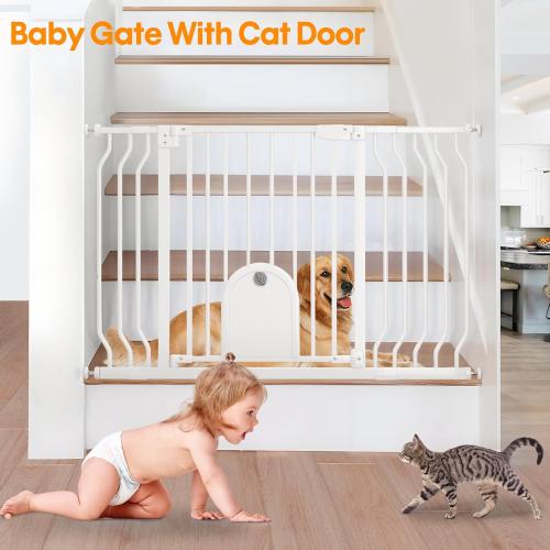 Baby Gate with Cat Door for Stairs - Baby Gate with Pet Door Auto Close 29.5-48.5 Safety Metal Dog Gate for Door Ways/Stairs/House/Walk Through with Includes 2 Extension Pieces and 4 Wall Cups