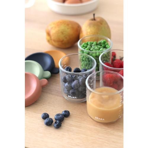 BEABA 4 Pack Glass Baby Food Jars with Soft Silicone Air Tight Lids, 8 oz Glass Storage Containers with Lids, Microwave and Freezer Safe Containers, Sunrise