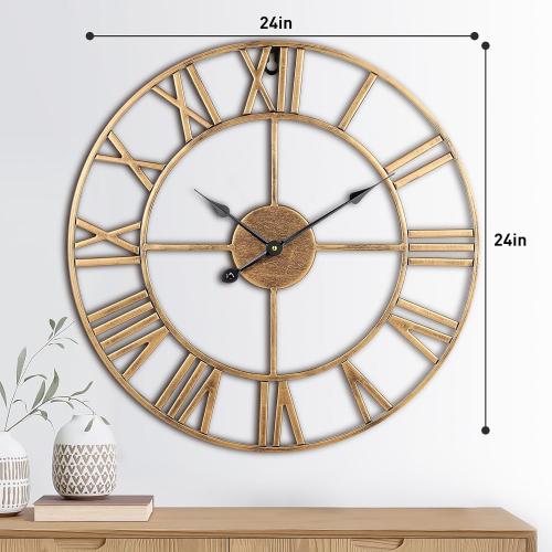Large Wall Clock, 24-Inch(60CM) Roman Numeral Decorative Art Wall Clock,Completely Silent, Non Ticking, Battery-Operated Metal for Living Room, Bedroom and Kitchen-Copper Gold