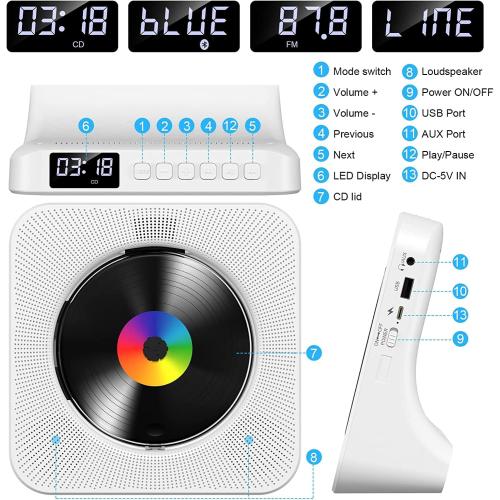 CD Player Portable Bluetooth Desktop CD Player for Home with Timer Built-in HiFi Speakers with LCD Screen Display Boombox FM Radio USB Type-c