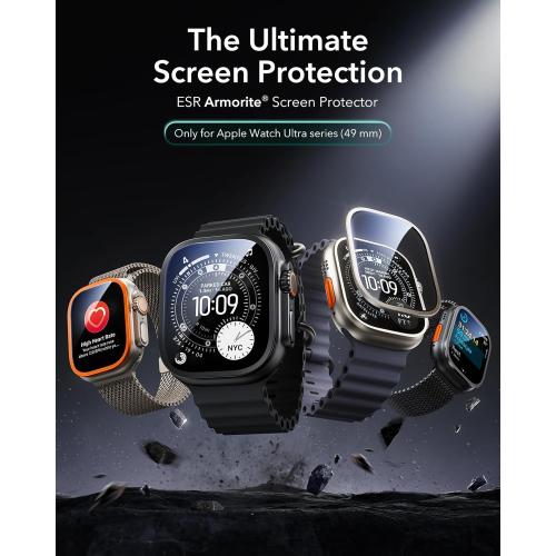 ESR Armorite Screen Protector for Apple Watch Ultra 3 2025 /Ultra 2 /Ultra (49 mm), Military Grade Protection, Tempered Glass Film with Aluminum Alloy Frame, Anti-Scratch, 2 Pack, Black