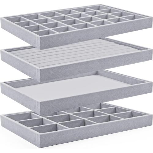 Grey 4 Pack Lainrrew Jewelry Tray, 4 Pack Jewelry Organizer Velvet Jewelry Tray Stackable Jewelry Trays, Necklace & Earring Holder, Divided Bracelet & Ring Storage- Elegant Display Case (Gray)