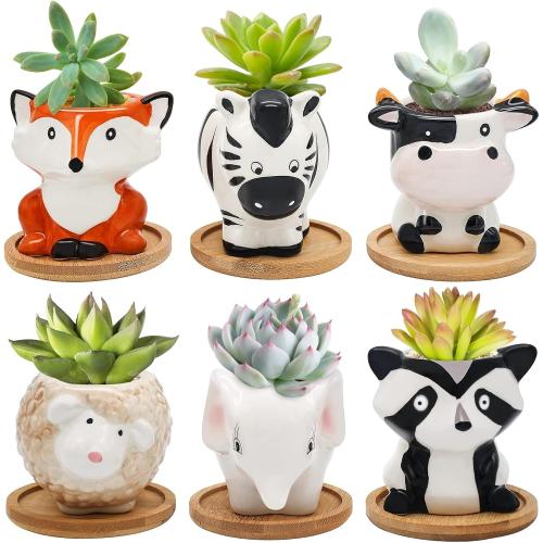 Small Ceramic Succulent Pots - 6 Pack 3 Cartoon Animal Shape Planters Indoor & Outdoor with Drain Holes and Bamboo Tray for Succulents, and Herbs