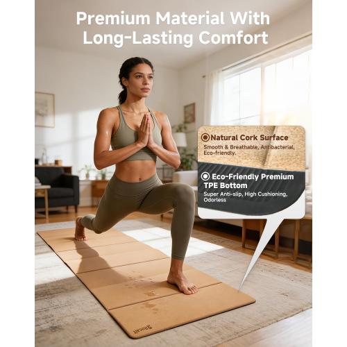 Rocalt Foldable Cork Yoga Mat, Non Slip Travel Pilates Workout Mat | 69 x 24 x 0.25 in, accordion-fold design, POE backing, carry strap for yoga, stretching and travel