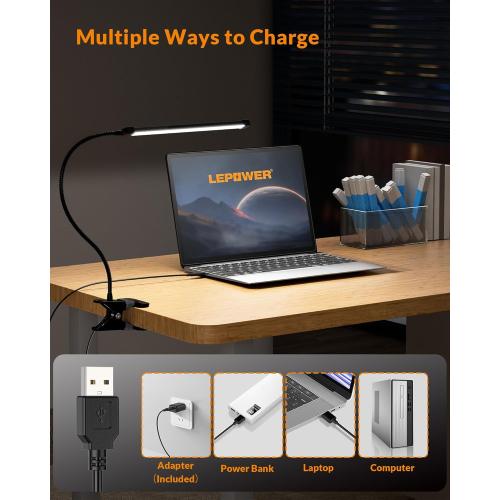 LEPOWER Led Clip on Light, 5W Reading Lights for Books in Bed with Gooseneck, Adjustable Color Temperature Clip Lamp, Ideal for Bedtime Reading and Piano Light, Metal, Black