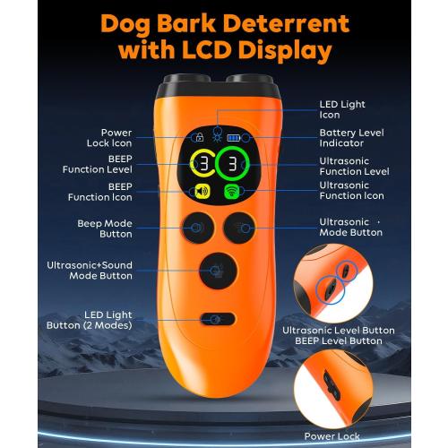 Dog Bark Deterrent Device,3X Ultrasonic Anti Barking with Color LCD Screen,7 Training Modes 35 FT Range Correct Bad Behavior Indoors Outdoors,Safe & Humane Rechargeable Bark Control for Dogs-Orange