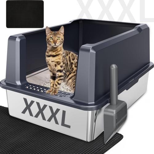 Size XXXL Color Grey  Extra Large Stainless Steel Litter Box, 28 L x 20 W x 14 H Super Large Stainless Steel Litter Box, Suitable for Large Cats and Multiple Cats, Non-Sticky, Anti-Leakage, Easy to Clean