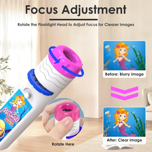Mermaid Projector Flashlight for Kids Ages 3 , Ideas Christmas Stocking Stuffers Gifts for Girls, Pink Fairy Little Mermaid Toys, 3 Discs 24 Images, Kid Night Light Projector