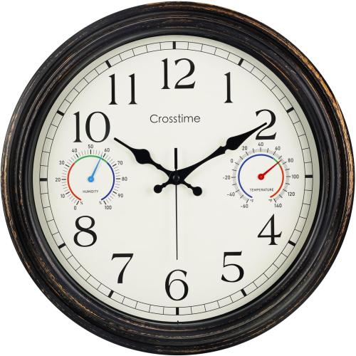 Crosstime 16 Inch Waterproof Outdoor Clock with Thermometer & Hygrometer Combo – Bronze Retro Vintage Decor Indoor Outdoor Wall Clocks for Patio, Pool, Backyard, Garage
