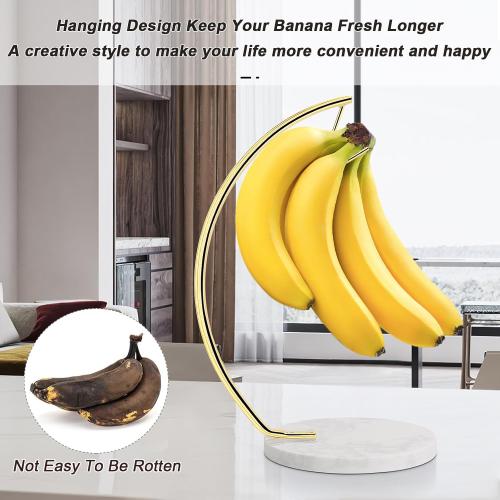 Livabber Banana Holder with Marble Base, Metal Banana Hanger Modern Tree Stand with Hook, Stylish Banana Keeper Fresh Fruit Storage Organizer Freestanding for Kitchen Countertop (Gold, Single Hook)
