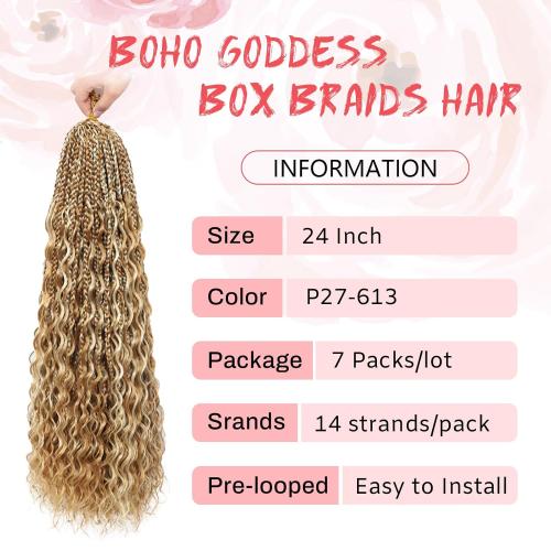 Eeanno Goddess Box Braids Crochet Hair Boho Crochet Hair for Women Pre Looped Crochet Box Braids with Curly Ends, P27/613, 24 Inch