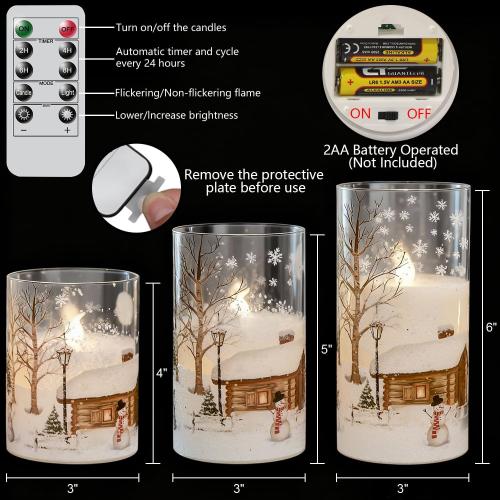 DRomance Snowman Glass Flameless Candles Battery Operated with Remote and Timer Real Wax LED Flickering Pillar Candles White Cold Light Window Christmas Holiday Decor D3 x 4,5,6