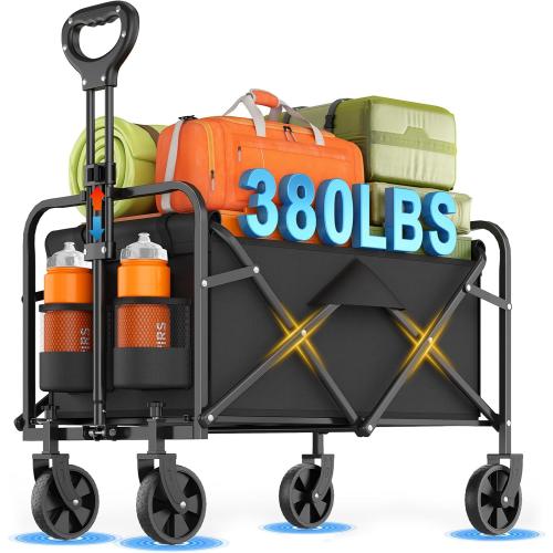 InBrave Collapsible Wagon Cart Foldable Beach Wagon with All-Terrain Wheels - 380 LBS Heavy Duty Grocery Cart for Shopping, Beach, Camping, Sports, Garden (Black)