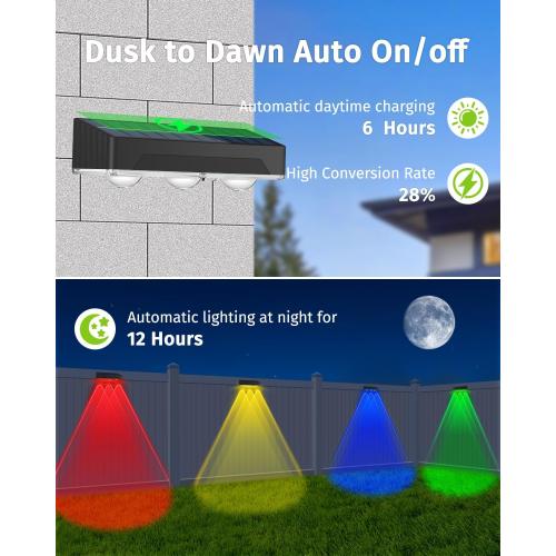 Solar Fence Lights Outdoor 8 Pack Waterproof High Brightness Upgraded 3 LED Lens Solor Deck Lights Warm & Cool White RGB 10 Colors Outside Solar Powered Wall Light for Backyard Patio Step Railing