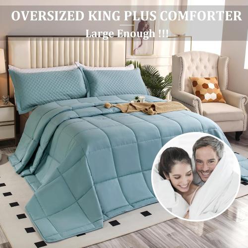 Size 128x120 Color Light Blue Oversized King Plus Comforter, Winter Warm Extra Large King Size Quilt Piece Lightweight Reversible Down Alternative Comforter for Al